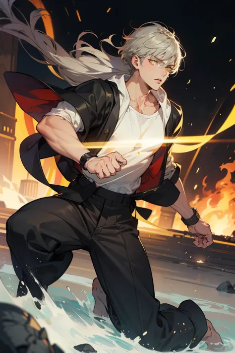 Realistic,PHOTOREALISTIC,HDR,ultra high definition,studio lighting,ultra detailed description,professional ,bright color,flour,One Punch Man,yellow eyes,gray hair,18 years old,man,177cm,black chewy polar that shows off the body,white dojo pants,Dojo strap,...