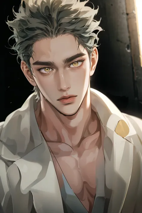 Realistic,PHOTOREALISTIC,HDR,ultra high definition,studio lighting,ultra detailed description,professional ,bright color,flour,One Punch Man,yellow eyes,gray hair,18 years old,man,177cm,black chewy polar that reveals the body,white dojo pants,Dojo strap,fu...