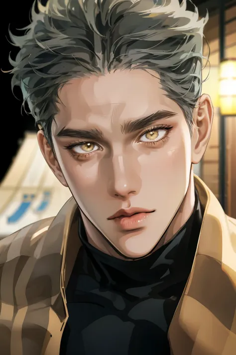 Realistic,PHOTOREALISTIC,HDR,ultra high definition,studio lighting,ultra detailed description,professional ,bright color,flour,One Punch Man,yellow eyes,gray hair,18 years old,man,177cm,black chewy polar that reveals the body,white dojo pants,Dojo strap,fu...