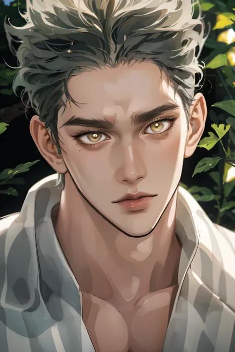 Realistic,PHOTOREALISTIC,HDR,ultra high definition,studio lighting,ultra detailed description,professional ,bright color,flour,One Punch Man,yellow eyes,gray hair,18 years old,man,177cm,black chewy polar that reveals the body,white dojo pants,Dojo strap,fu...