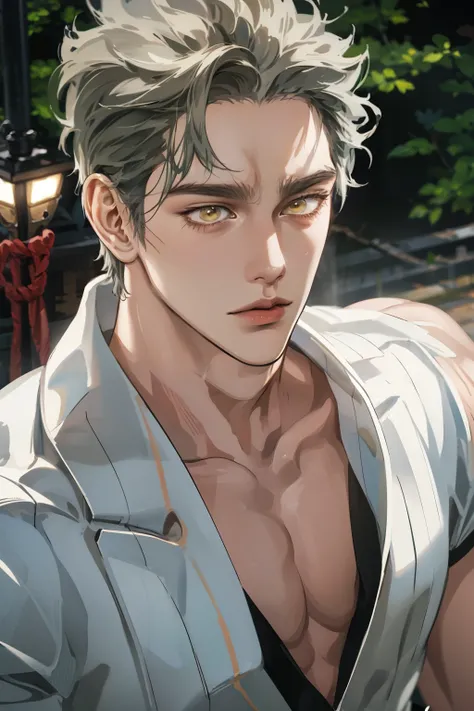 Realistic,PHOTOREALISTIC,HDR,ultra high definition,studio lighting,ultra detailed description,professional ,bright color,flour,One Punch Man,yellow eyes,gray hair,18 years old,man,177cm,black chewy polar that reveals the body,white dojo pants,Dojo strap,fu...
