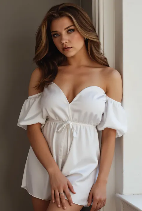   (RAW Photo, Best Quality), (Realistic, Photo Realistic: 1.3), Best Quality, Highly Detailed, Masterpiece, Hyperdetail, Realistic photo shot, realistic photo of a   actress , makeup,  ,      hair , gigantic breasts , ((   ,  erotic  Off-the-Shoulder Rompe...