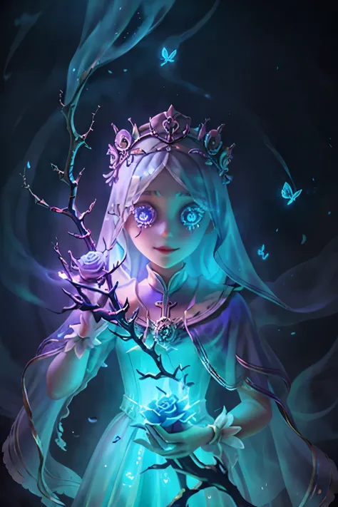 masterpiece, best quality, half body, ghostly nun, 1girl, glowing button eyes, doll-like face, full transparent body, ethereal transparency, semi-translucent skin, glowing roses, spectral butterflies, porcelain ghost dress, spirit-like body, crown of thorn...