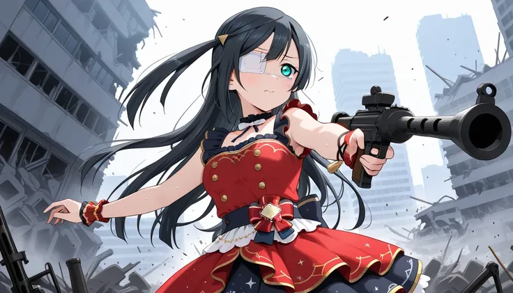  An annoying image of Yuki Setsuna , Idol dress , with a machine gun in his hand shooting, scenario of a city with destroyed buildings,  eye patch , war 