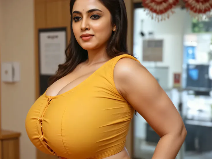 woman having heavy chest, midi and sleeveless blouse, yellow color blouse