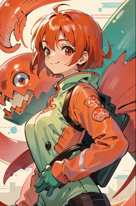 One person、solo、orange hair、bob hair、Red Eyes、Smile Yan、From the side、upper body closeup、flight suit、shrimp monster 、