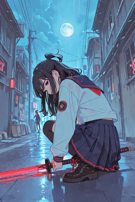 Best Quality、Anime Style、Japanese Cyberpunk、Streamlined slashing effect、backlight and afterimage、back alley in the city、Neon Street、Full moon sky、rain、Midnight city area、ネオンとrainに濡れるアスファルトの上で、high school girls Dance wildly with a Japanese sword in your han...