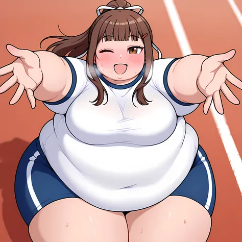 anime screencap, masterpiece, best quality,

1girl, , smile, blush,
high ponytail, blunt bangs, long hair, brown hair, brown eyes, hair ribbon, white ribbon,
gym shirt, white shirt, short sleeves, gym shorts, blue shorts,
incoming hug, looking at viewer, c...