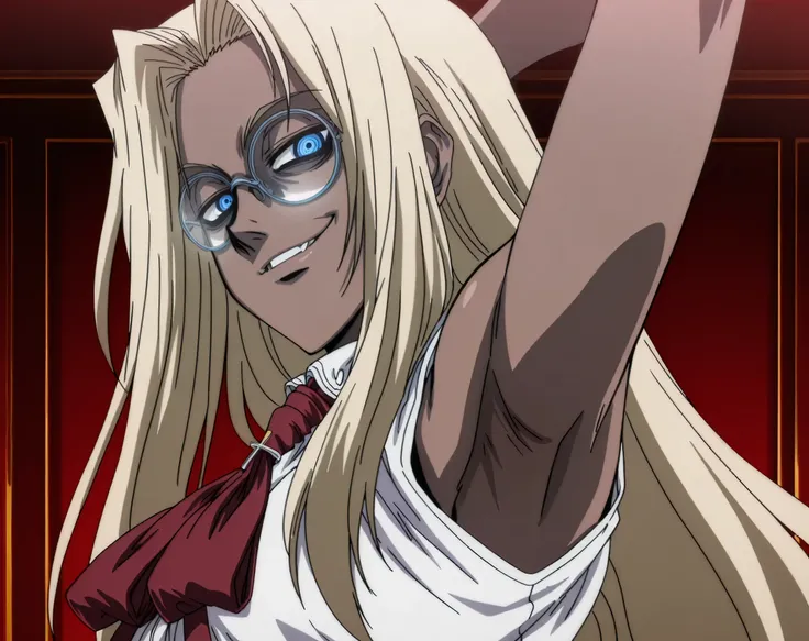 masterpiece, best quality, amazing quality, anime screencap, anime coloring, 1girl, solo, Hellsing_style, IntegraHellsing, mature female, blonde hair, forehead, very long hair, dark skin, blue eyes, small breasts, glasses, white shirt, red ascot, sleeveles...