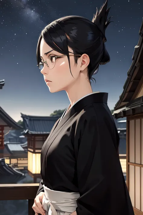 masterpiece, best quality,  ise o, folded ponytail, glasses, black robes, sash, hakama skirt, upper body, japanese architecture, night sky, furrowed brow, from side