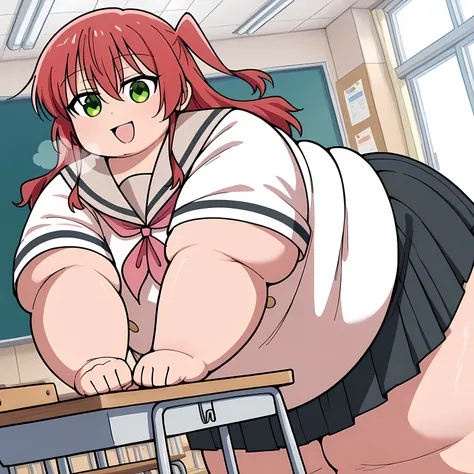 score_9, score_8_up, score_7_up, source_anime,
kitaikuyo, 
ikuyo kita, green eyes, hair between eyes, long hair, one side up, red hair,
black skirt, grey sailor collar, pleated skirt, sailor collar, school uniform, short sleeves, shuka high school uniform,...