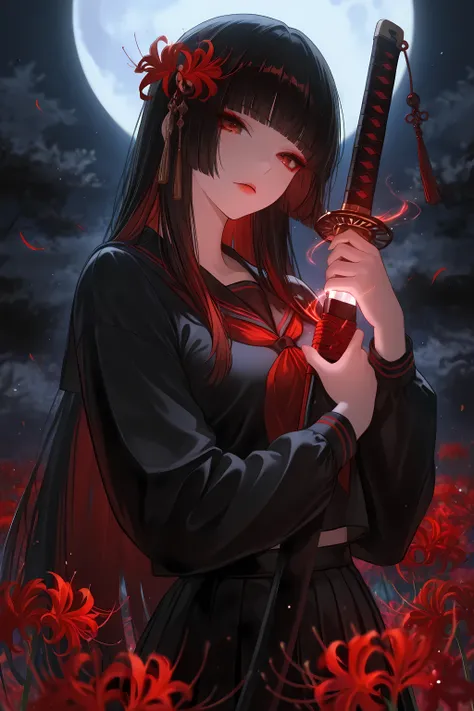 masterpiece, best quality, very aesthetic, ultra-detailed, absurdres, 1girl, solo, black Seifuku, hime cut, long hair, red hair, Hold a Japanese sword in your hand and place it on your shoulder , spider lily, moonlight, black hair, makeup, ethereal, magic ...