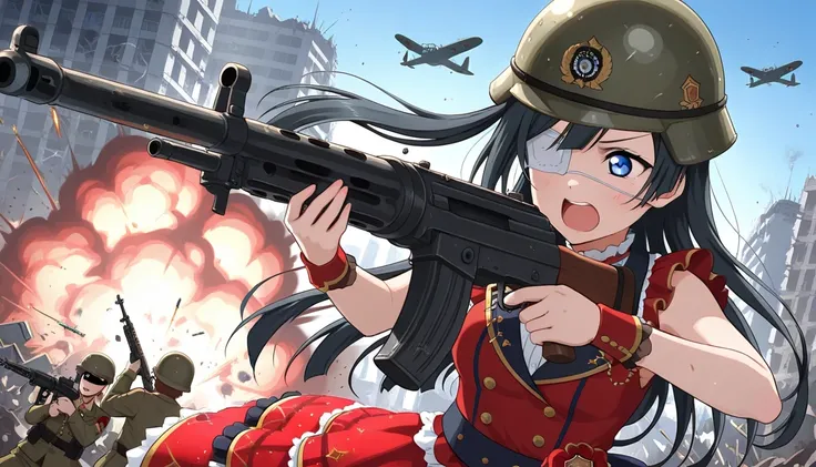  An angry image of Yuki Setsuna , wears a soldier's helmet on his head, Idol dress, with a machine gun in his hand shooting bullets, scenario of a city with destroyed buildings, military aircraft flying over an eye patch , war , Explosions in the backgroun...