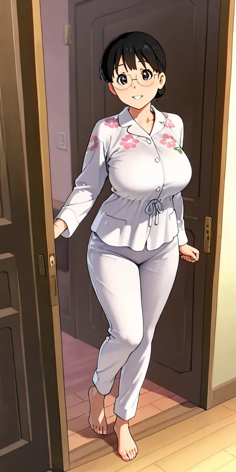 Masterpiece, newest, vibrant, very aesthetic, high contrast, mature woman, tamako nobi\(doraemon\), bun hair, glasses, tall, big breast, white pajamas with floral motif, full body, parted lips, smile, Barefoot,front of the door, best quality, semrealistic...