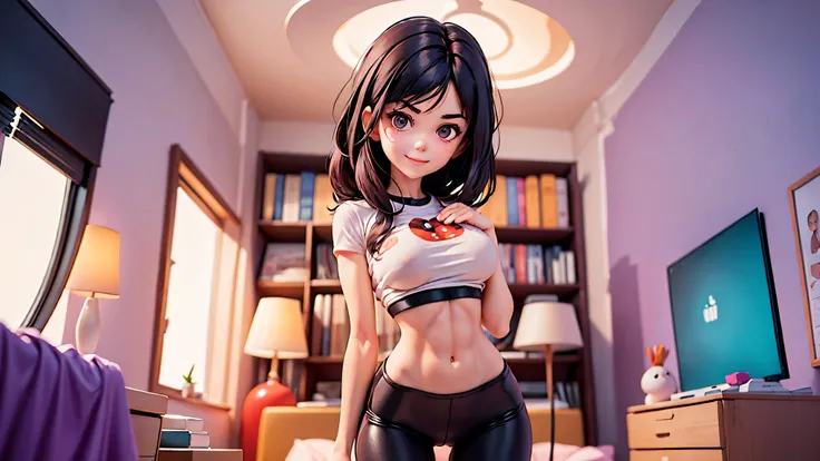 ((1 girl)), ((by herself)), ((solo)), ((UnderBoob)), Young Violet Parr, Cute face, perfect face, smiling, standing in her bedroom, skinny, cute, shy face, Cropped T Shirt, ((bare midriff)), hard nipples, tight leggings, dark hair, highly detailed, deep foc...