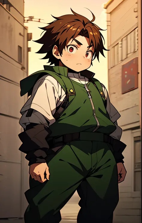 Create an anime-style illustration of Haruyuki Arita from Accel World, reimagined as a Genin from the Akimichi clan in the Naruto universe. He is a charming and confident age ninja, with a soft, round face and expressive eyes that reflect determination and...