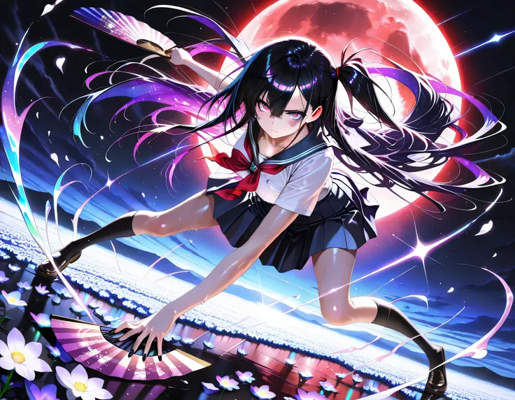 masterpiece, top quality, Super Detailed, 8k, full body, dynamic poses, cinematic lighting, solo, 1 woman, sharp purple eyes , multicolored eyes , hair between eyes , long side bangs , black hair with fine purple strands , very long hair , medium breasts
...