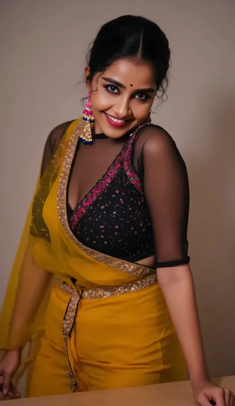  photo of Indian teacher in classroom, wearing a black and yellow transparent tshirt, hourglass figure,  bends over table to expose her cleavage, seductive eyes, sultry, look at viewer and subtle smile, red lips, necklace, 4K, HD