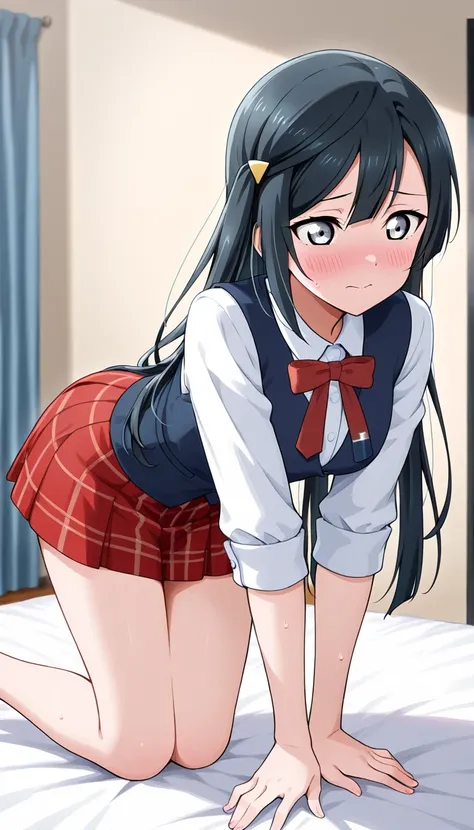 An image of Yuki Setsuna blushing ,  wearing a white shirt and a blue vest , short kilt posing in a room , slim body slim waist, long legs together, Crouching on all fours ,  focus from above 