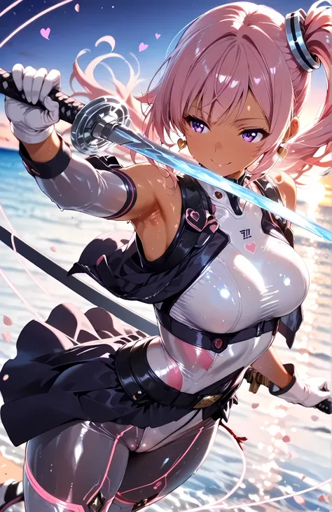 (masterpiece), (top quality), (high resolution, Hi-Res), (Super Detail), ((ichinose_honami:1.2)), Armed Schoolgirl, 1girl, solo, alone, ((dark silver with shiny silver Pink hair)), ((slightly longer side ponytail)), Loosely swayed bangs, ((Pink hair with a...