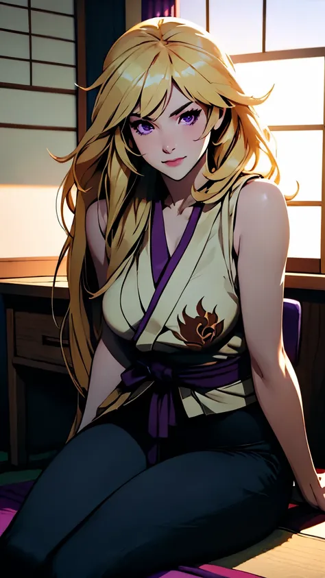 High quality anime illustration , Yang Xiao Long, , Bishamon, Blonde woman , purple eyes, long loose blonde hair with loose locks framing her face, violet diamond mark on the forehead , dressed in short purple-colored sleeveless kimono , fitted with a blac...
