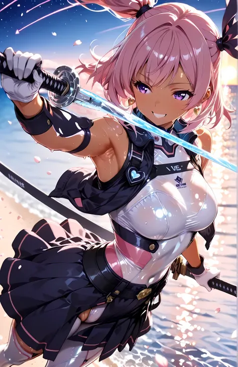 (masterpiece), (top quality), (high resolution, Hi-Res), (Super Detail), ((ichinose_honami:1.2)), Armed Schoolgirl, 1girl, solo, alone, ((dark silver with shiny silver Pink hair)), ((slightly longer side ponytail)), Loosely swayed bangs, ((Pink hair with a...