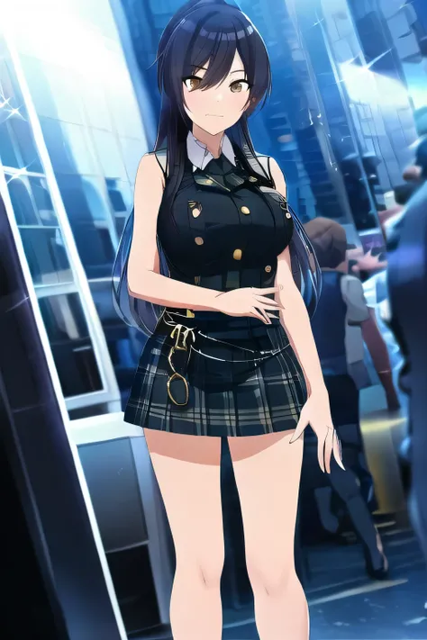 （long black hair），Picture a woman with long black hair in a ponytail，sleeveless plain clothes，pleated mini skirt，a cop wearing a miniskirt，face is absolutely necessary，Accurate limb expression，cinematic lighting and ray tracing ， cinematic lighting and ray...