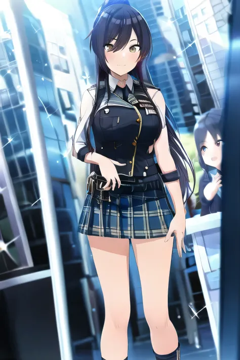 Please draw the expression on your face even more delicately，face is absolutely necessary，（long black hair），Picture a woman with long black hair in a ponytail，sleeveless plain clothes，pleated mini skirt，a cop wearing a miniskirt，face is absolutely necessar...