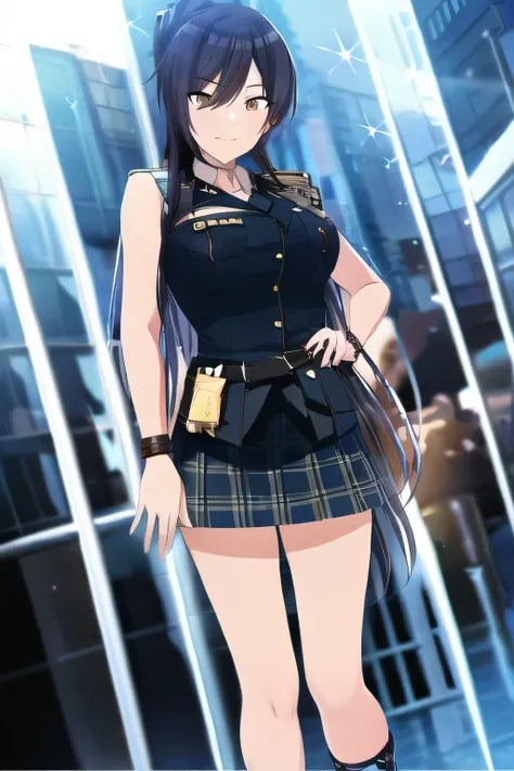 Please draw the expression on your face even more delicately，face is absolutely necessary，（long black hair），Picture a woman with long black hair in a ponytail，sleeveless plain clothes，pleated mini skirt，a cop wearing a miniskirt，face is absolutely necessar...