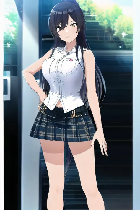 Please draw the expression on your face even more delicately，face is absolutely necessary，（long black hair），Picture a woman with long black hair in a ponytail，sleeveless plain clothes，pleated mini skirt，a cop wearing a miniskirt，face is absolutely necessar...