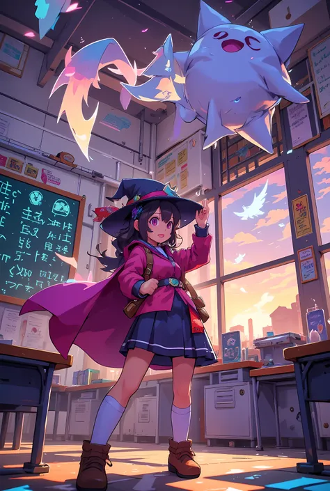 anime movie style, full-body view of a magical high school girl mid-throw, hurling a glowing enchanted pillow in the middle of a magical pillow fight, wearing a stylized school uniform with a short cloak and a pointed witch hat, playful and competitive exp...