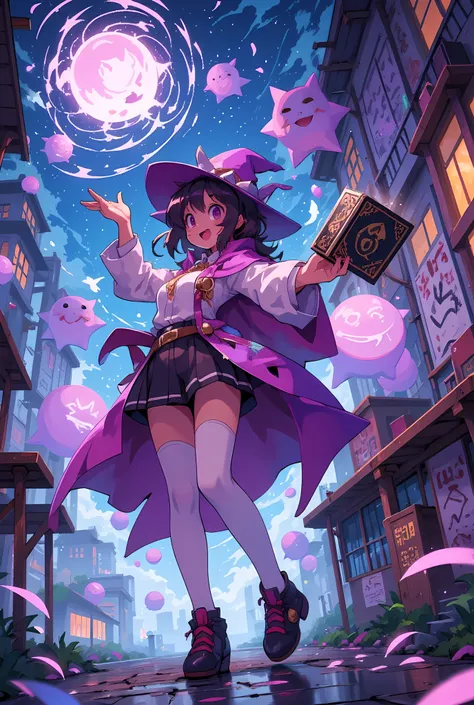 anime movie style, full-body view of a magical high school girl in mid-action, throwing a glowing enchanted pillow with a swirl of magical sparkles, wearing a school uniform with a short cloak and pointed witch hat, her expression playful and competitive, ...