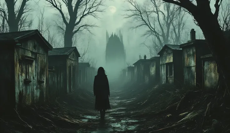 Abandoned graveyard, Gothic cemetery, dilapidated, nighttime, darkness, eerie shadows, twisted trees, foggy, surreal horror, haunting art, high detail, masterpiece.