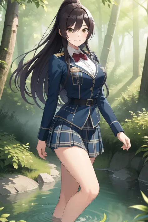 I'm drawing a smiling adorable woman bathing in the woods，black hair long hair ponytail,uniform ，Please describe her hands and feet accurately，20-year-old adult female，face is absolutely necessary，Can you draw a blue micro bikini with big breasts and a thi...