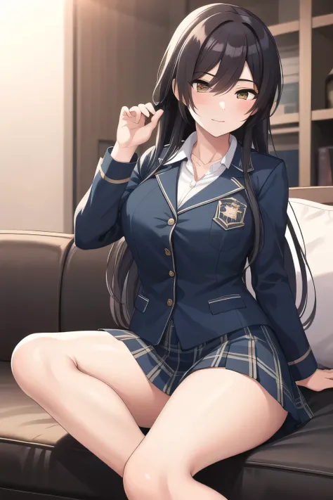 is throwing pillows女性を描けますか，holding a pillow in her hand，is throwing pillows，Inside the building，Memories of a school excursion，black hair long hair ponytail,uniform ，Please describe her hands and feet accurately，20-year-old adult female，face is absolutely...