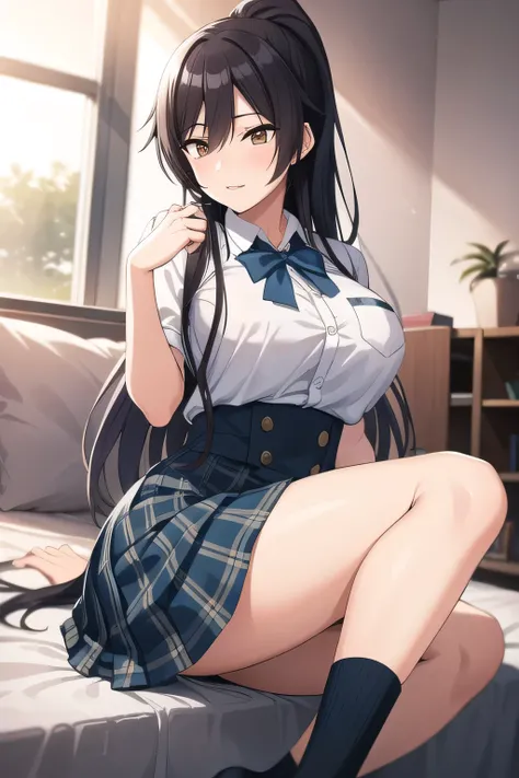 Throwing pillows女性を描けますか，I have a pillow in my hand，bedding，Throwing pillows，Building Interior，Memories of a school excursion where I playfully played with everyone，black hair long hair ponytail,uniform ，Please describe her hands and feet accurately，20-yea...