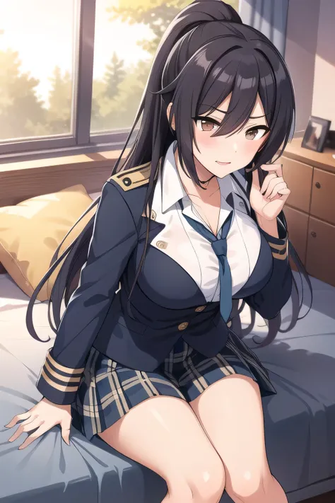 Throwing pillows女性を描けますか，I have a pillow in my hand，bedding，Throwing pillows，Building Interior，Memories of a school excursion where I playfully played with everyone，black hair long hair ponytail,uniform ，Please describe her hands and feet accurately，20-yea...