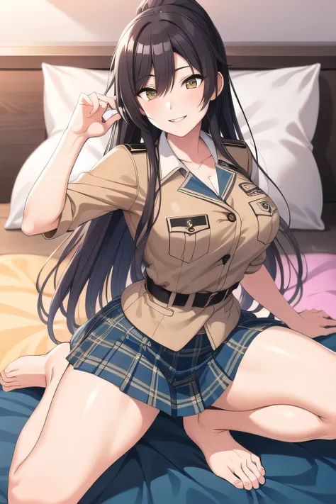 throw pillows、Smiling lovely woman，Playfully with everyone，Naughty、Throwing pillow女性を描けますか，I have a pillow in my hand，bedding，Throwing pillow，Building Interior，Memories of a school excursion where I playfully played with everyone，black hair long hair ponyt...