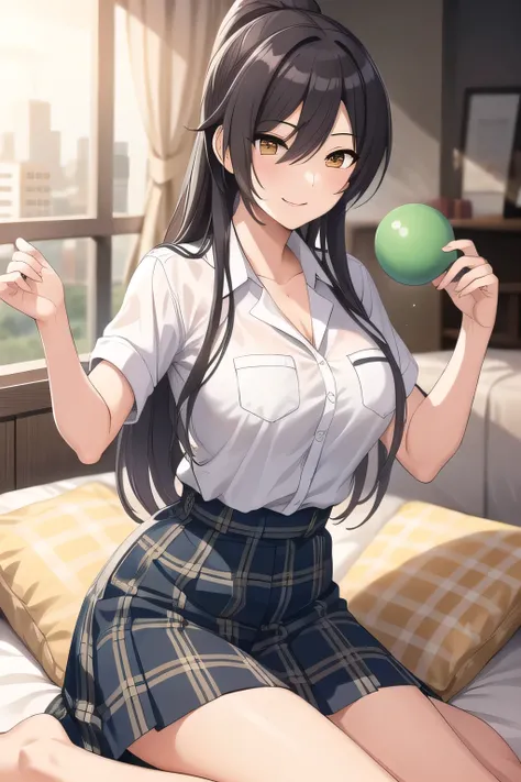 I have a cushion，Figure I want to throw，、Smiling lovely woman，while playing with everyone，Naughty、Throwing pillow女性を描けますか，I have a pillow in my hand，bedding，Throwing pillow，Inside the building，Memories of a school eXcursion where I playfully played with ev...