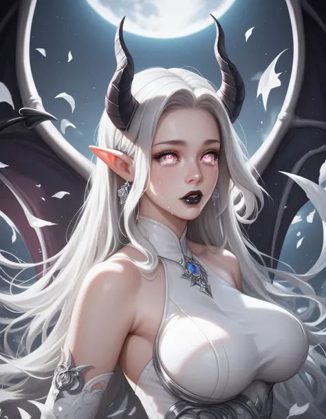((Highres)), ((Masterpiece)), (Shinning Moon background), a beautifully detailed woman, ((white demon horns)), ((white demon tail)), ((long platinum hair)), detailed eyes, grey iris, tears in eyes falling to the ground, defined elf ears, defined nose, defi...