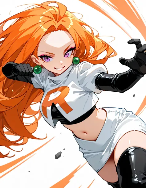 sideview,(dynamic angle,dynamic dramatic fighting pose),solo,(black++ shoulder length hair,pastel orange innner color hair),forehead,eyeliner,eyelash,natural cosmetic,adult female face,full lips,team rocket uniform, white jacket, white skirt, black thigh b...