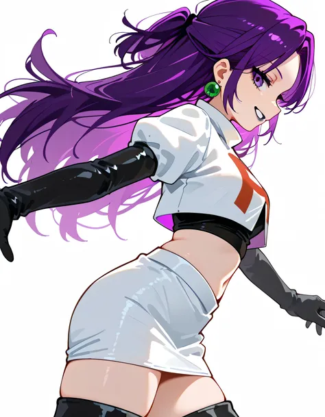 sideview,profile,(dynamic angle,dynamic dramatic standing pose),solo,(upperbody),(black++ half updo,purple innner color hair),parted bangs,long thin sideburns+,eyeliner,eyelash,natural cosmetic,cute female face,black lipstick,team rocket uniform, white jac...
