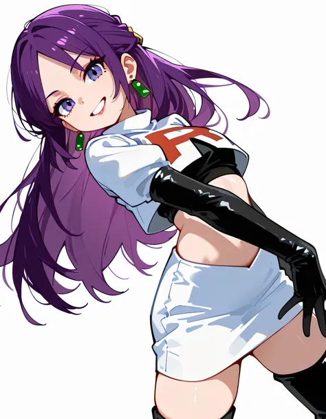 sideview+,(dynamic angle,dynamic dramatic standing pose),solo,(upperbody),(black++ half updo,purple innner color hair),parted bangs,long thin sideburns+,eyeliner,eyelash,natural cosmetic,cute female face,black lipstick,team rocket uniform, white jacket, wh...