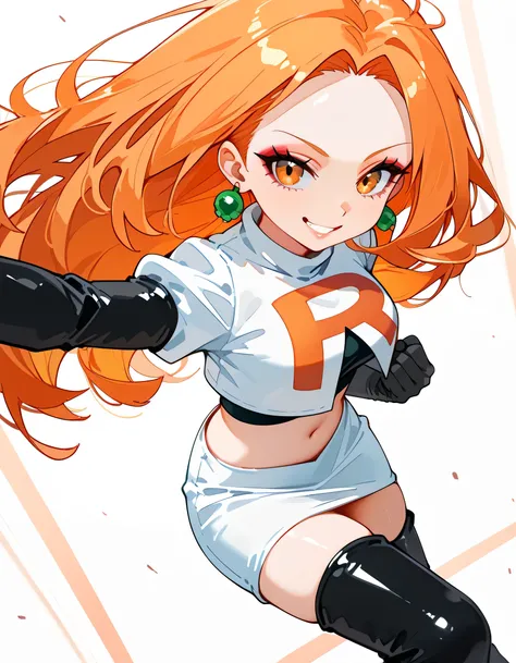 sideview,(dynamic angle,dynamic dramatic fighting pose),solo,(black++ shoulder length hair,pastel orange innner color hair),forehead,eyeliner,eyelash,natural cosmetic,adult female face,full lips,team rocket uniform, white jacket, white skirt, black thigh b...