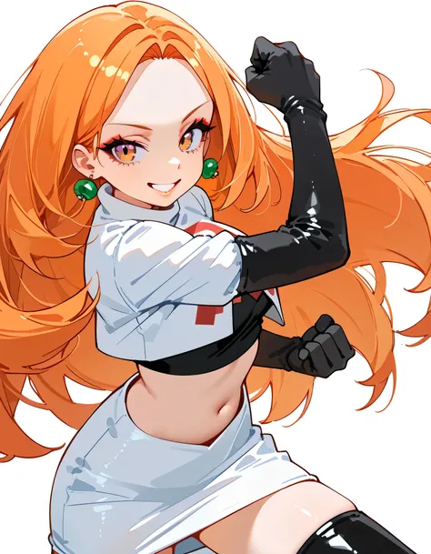 sideview,(dynamic angle,dynamic dramatic fighting pose),solo,(black++ shoulder length hair,pastel orange innner color hair),forehead,eyeliner,eyelash,natural cosmetic,adult female face,full lips,team rocket uniform, white jacket, white skirt, black thigh b...
