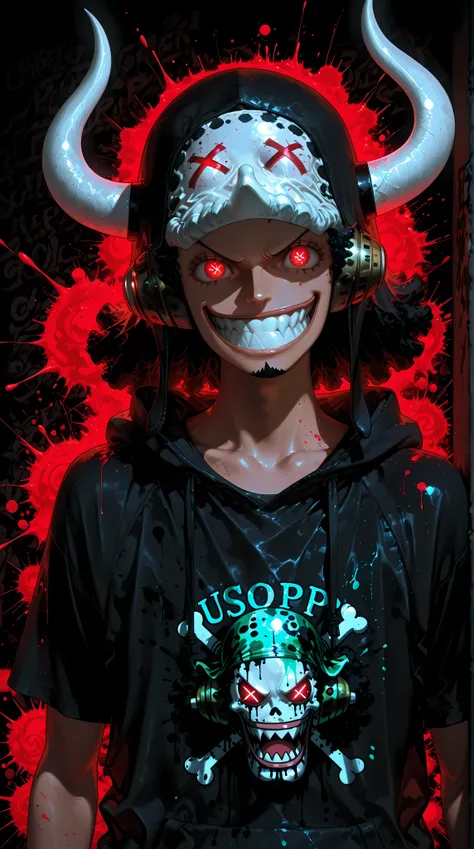 masterpiece, best quality, 8k, graphic art, t-shirt design, male, usopp, One piece , solo, shadowy figure, anonymous, wearing black hoodie, hood up, face in shadow, demonic, white devil horns, glowing red eyes, x-shaped eyes, creepy smile, wide grin, sharp...