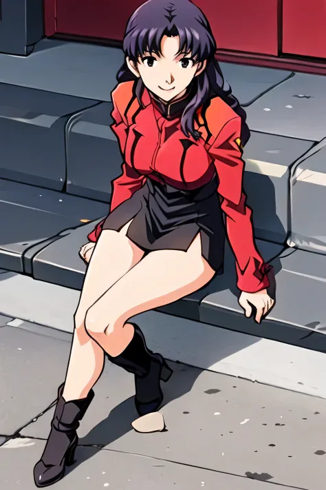 Can you draw a figure sitting on a bench,alone,park bench、a woman with long dark hair,A woman with a lovely smile,big ,big でもウエストが細い,face is absolutely necessary,please describe her hands and feet accurately,uniform miniskirt,high heels, city tour , Wa...