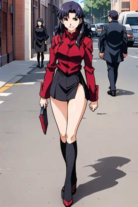 Can you draw a figure sitting on a bench,alone,park bench、a woman with long dark hair,A woman with a lovely smile,big ,big でもウエストが細い,face is absolutely necessary,please describe her hands and feet accurately,uniform miniskirt,high heels, city tour , Wa...