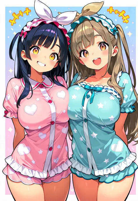 niece、2girls、(design、Pattern、They are each wearing cute pajamas)、(cute and sexy nightwear(((Praise each other)))are so excited)、(popな背景)、large breasts、standing figure