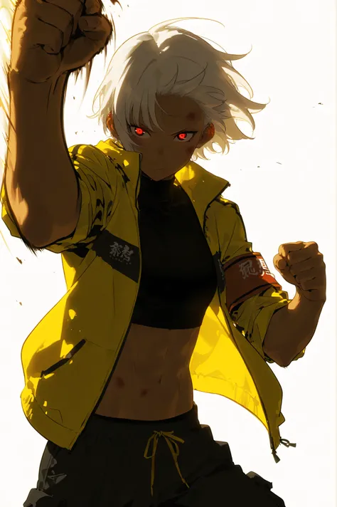 Beautiful, athletic body, toned body, alone, female, shoulder lenght white hair, red black eye, tanned, black sleeveless turtleneck shirt, yellow oversize sport jacket with red armband, Rolled up sleeve , black cargo pants, abs , intricate sketch, expressi...